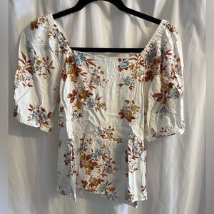 LOFT White Floral Blouse with Blue and Brown Accents